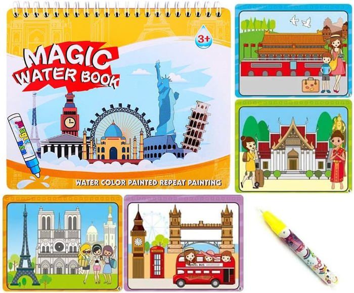 Livre De Coloriage Magique à L’Eau Réutilisable – Lot 6 Thèmes (Animaux, Dinosaures, Univers…) + Stylo Eau
