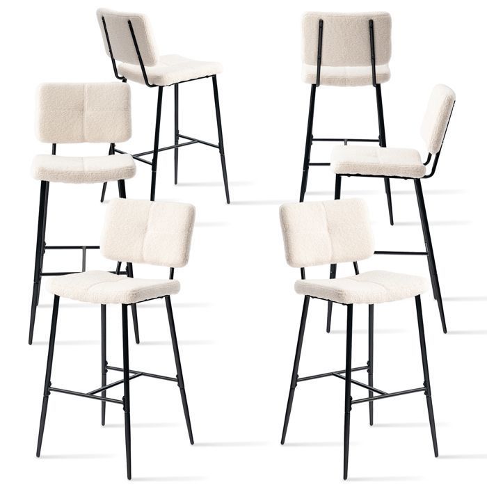 MEUBLES COSY Lot de 6 tabourets de bar scandinaves avec dossier en tissu mouton boulette beige - POMONA BAR