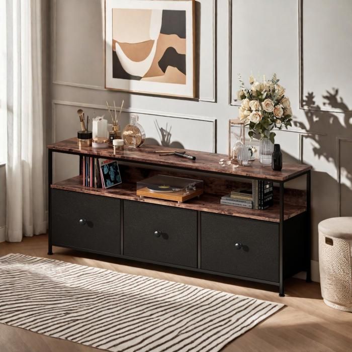 Meuble TV avec espace de rangement éclairage LED et 3 tiroirs panneau en peau de tigre et tiroir en PU noir 137*30*57cm
