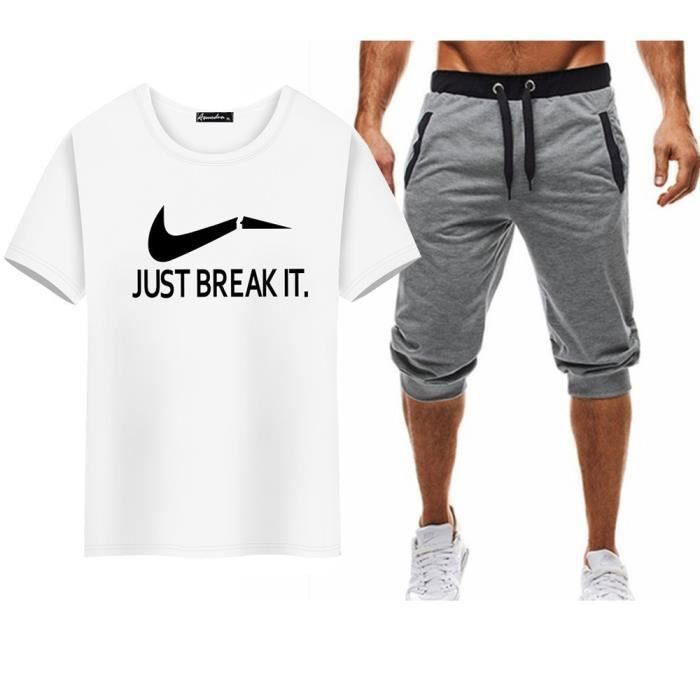 Ensemble de vêtement homme été casual t-shirt à manches courtes pantacourt short de sport set de 2 pièces hommes-Blanc Gris/blanc#L