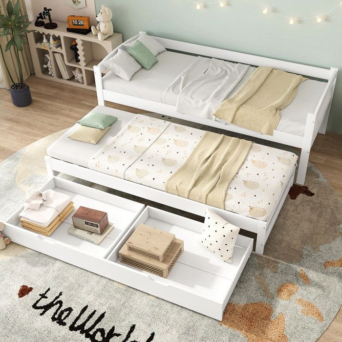 Lit 1 Place 90x200cm avec lit Gigognes 90x190cm et 2 Tiroirs Cadre en Bois Massif Design Moderne et Fonctionnel Blanc sans Matelas
