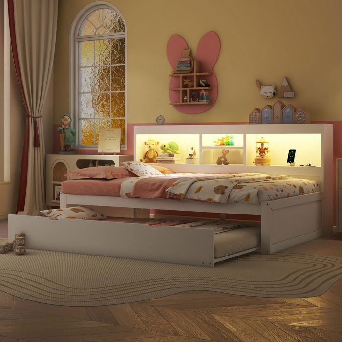 Canapé-Lit de 90x200 cm avec Éclairage LED Lit 1 Personne de Rangement Côté Lit Lit Gigogne Prise + USB Lit Simple Blanc