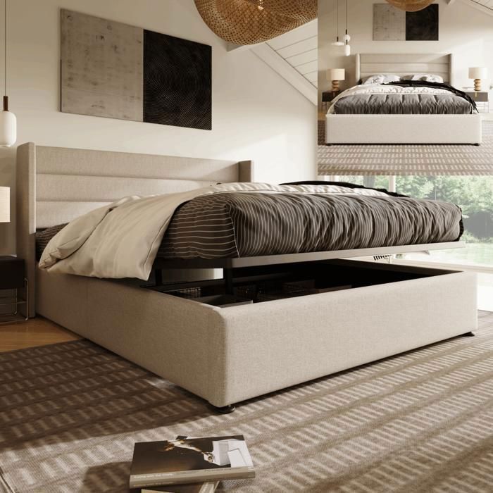 Lit coffre 160x200 cm - SUNFECILI - Beige - Tissu en lin - Sommier à lattes - 2 places