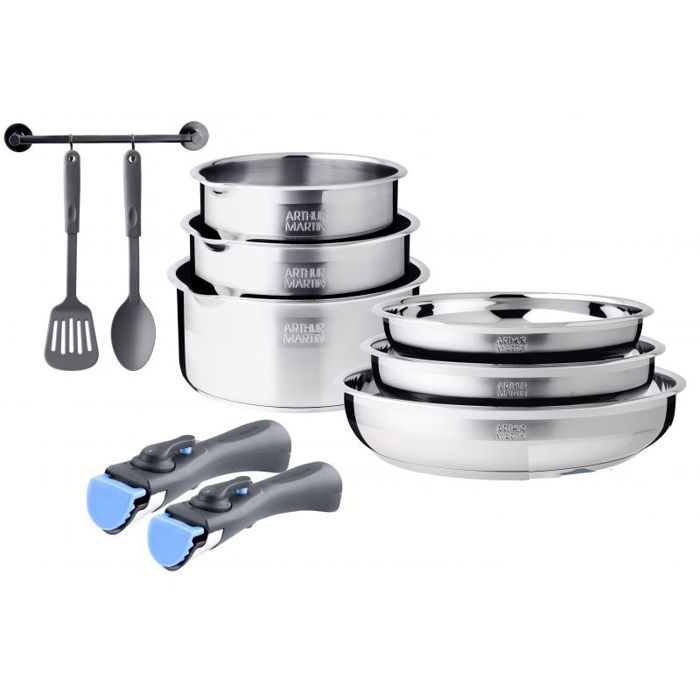 Batterie de cuisine 10 pièces - AM9841 - Acier inoxydable - Poêles 20/22/26 cm - Casseroles 16/18/20 cm