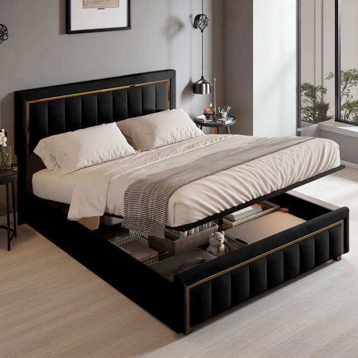 Lit coffre 140x200 lit 140x200 avec sommier lit double rembourrélit adulte conception plaquée or velours noir