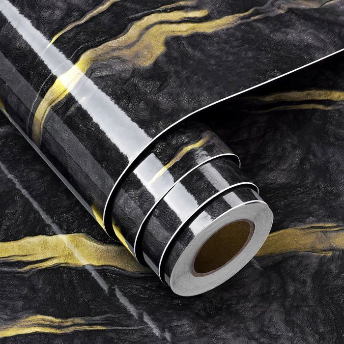 Papier Peint Adhesif Meuble Cuisine Noir et Or Papier Adhesif pour Table Cuisine Noir Revetement Plan de Travail Marbre 30CMx5M
