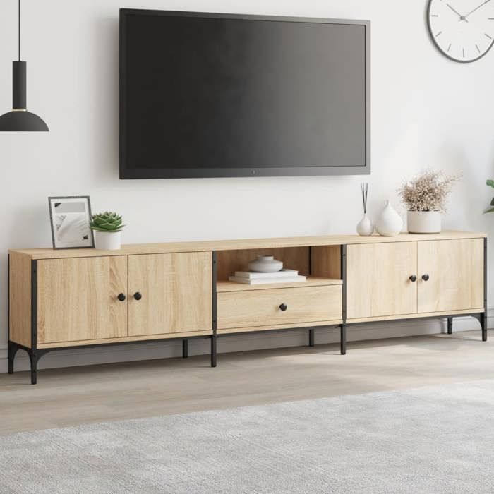Meuble TV moderne - VIDAXL - Tiroir chêne sonoma - 200x25x44 cm - Bois dingénierie - Métal - Capacité 20 kg par étagère