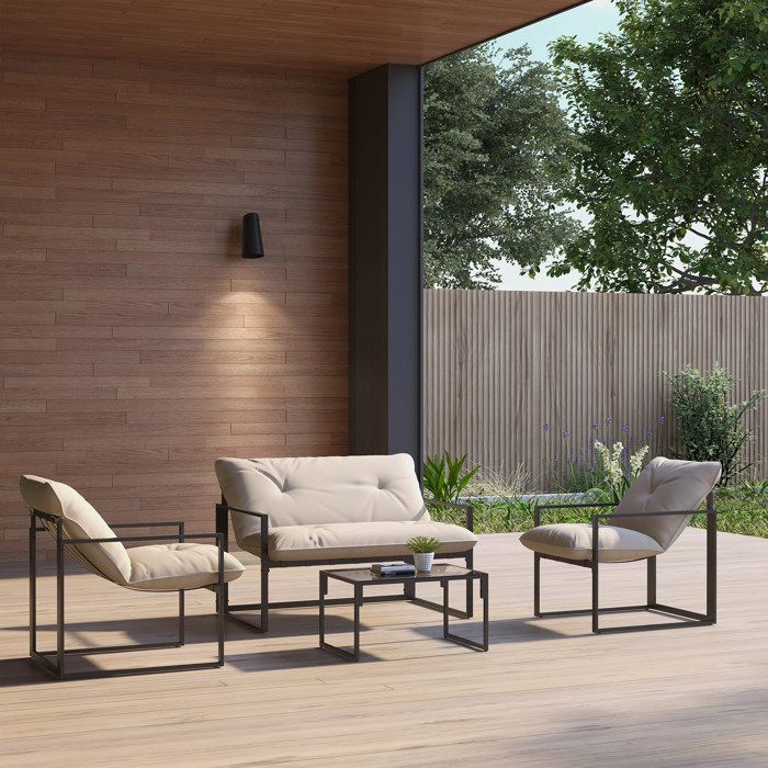 Salon de jardin 4 pièces 4 personnes avec canapé 2 places 2 fauteuils et 1 table basse gris