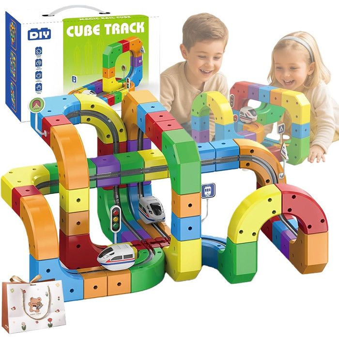 Charmofun Piste de Course Enfants, Jeux de Construction avec 10 Voitures Grue Camion de Transport, Engins de Chantier Jouet avec Piste de Voiture, Circuit Voiture Jouet Cadeau pour Garçon