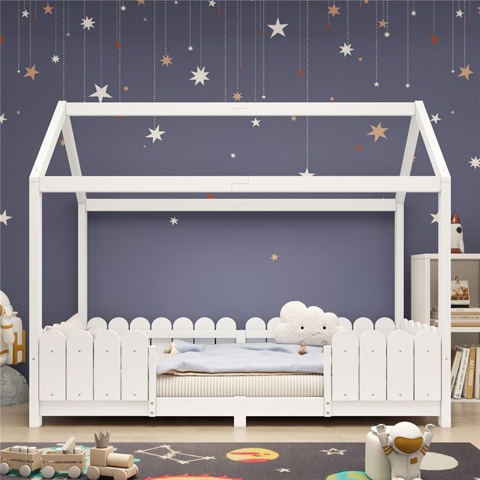 Lit Bois Enfant 90x200-Device Anti-chute Sécurisé-Cadre Lattes Intégré-Structure Renforcée-Blanc-Chambre Évolutive-sans Matelas Lit Bois Enfant 90x200-Device Anti-chute Sécurisé-Cadre Lattes Intégré-Structure Renforcée-Blanc-Chambre Évolutive-sans Matelas