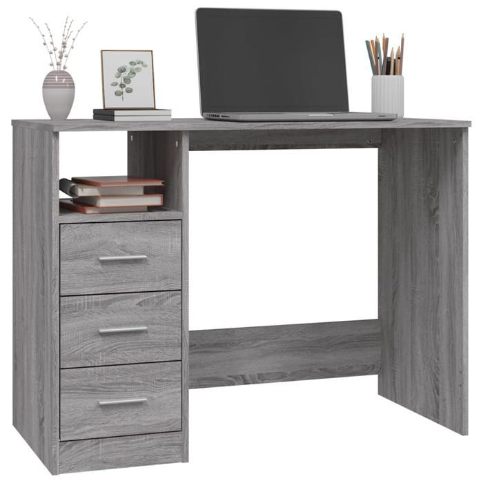 Bureau avec tiroirs - WIENS - Sonoma gris - 102x50x76 cm - Bois dingénierie - 3 tiroirs - Compartiment ouvert