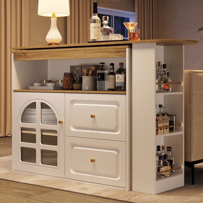 Maisentiel buffet de cuisine rotatif 360° extensible 138-204 x 39 x 104 cm MDF blanc avec 2 tiroirs