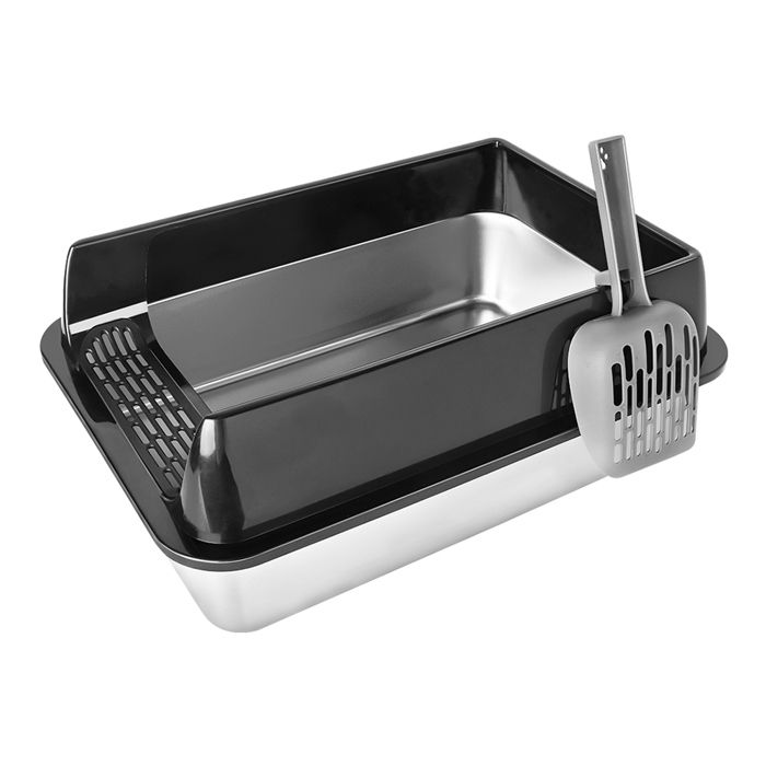 Grande Bac à Litière Chat Ouverte avec Pelle - WC Anti-Fuite pour Chats en Acier Inoxydable - 35x50x20 cm - Noir - LVHCMFOHM
