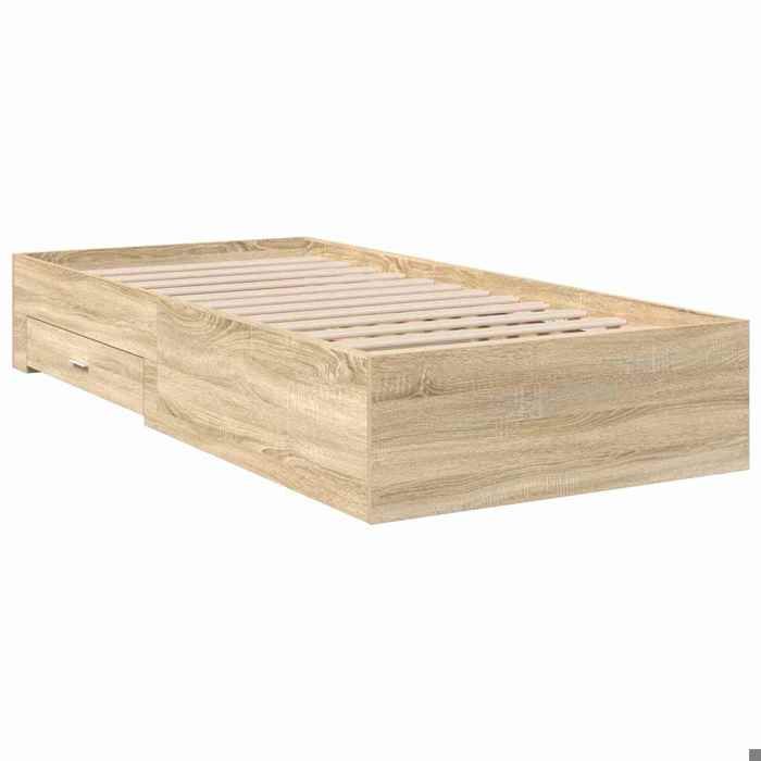 Cadre de lit simple avec tiroirs - MEUBLECHIC - 90x190 cm - Marron - Bois dingénierie - 2 tiroirs intégrés