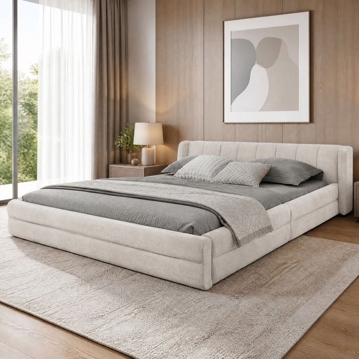Maisentiel Cadre de lit double 160 x 200 cm beige en chenille tête rembourrée sommier à lattes