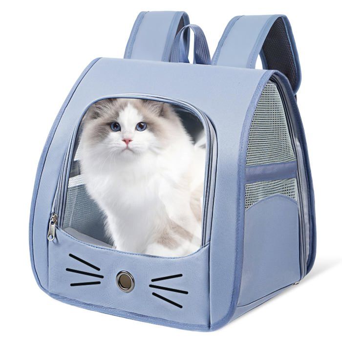 Sac à dos pour animaux de compagnie respirant pliable avec fenêtre filet pour voyage et promenade bleu