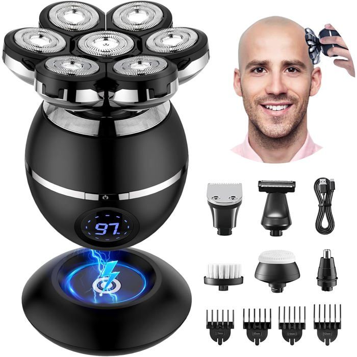Rasoir Tete Chauve Homme 7D Rasoir Électrique Homme- 6 en 1 Tondeuse Crane Chauve- Humide