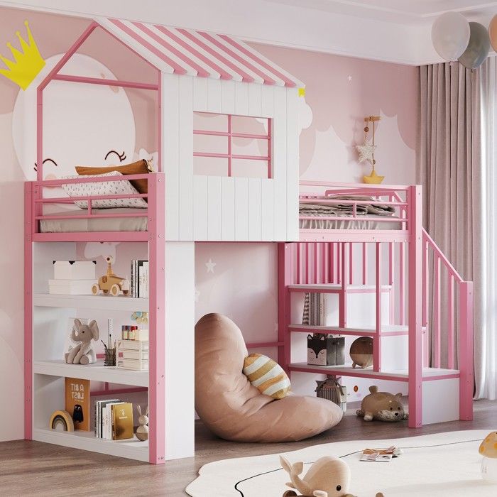 Lit superposé 90x200 cm avec rangement et garde-corps escalier amovible gauche droite rose Lit superposé 90x200 cm avec rangement et garde-corps escalier amovible gauche droite rose