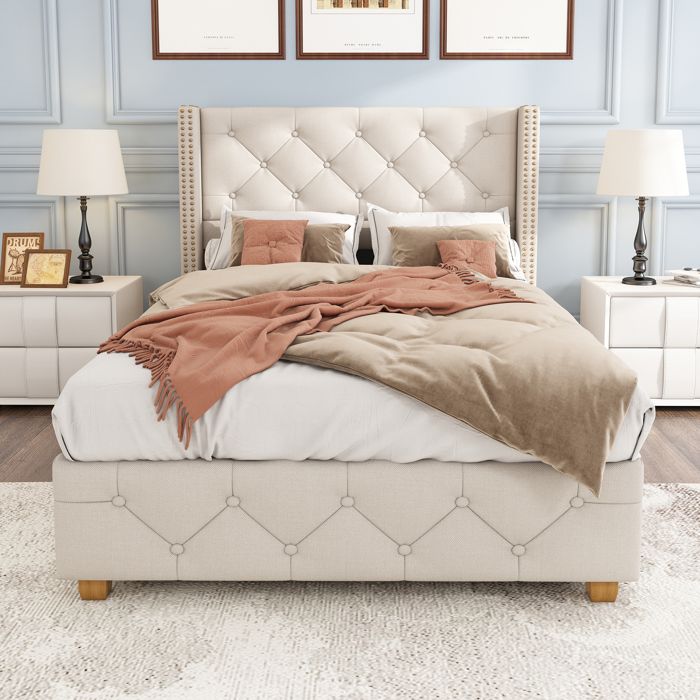 LPOSPI Lit simple 90x200 cm - lit capitonné avec tête de lit boutons - lin - sans matelas - beige