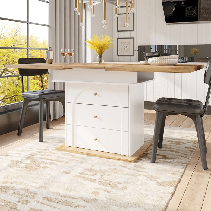 Table à manger extensible - 110-140×80×75 cm - Plateau unique - Porte rabattable magnétique - Rangement dissimulé