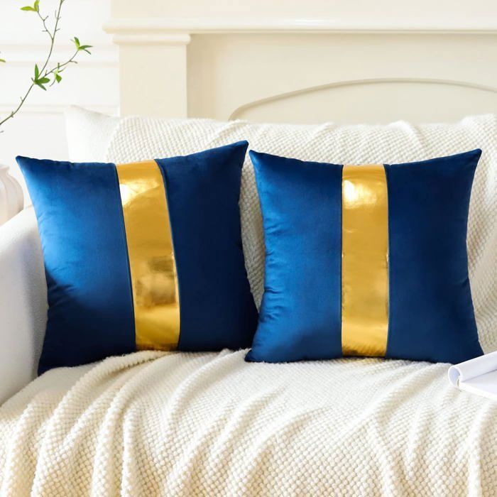Housse de Coussin Lot de 2 en Velours Canapé Taie doreiller Cuir Doré pour Maison Salon Chambre Décoration 45 x 45 cm Bleu foncé