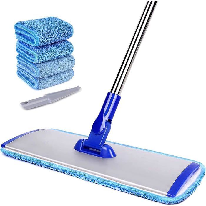 Balai Plat en Microfibre de 45 cm avec poignée en Acier Inoxydable 4 serpillères réutilisables et 18 Microfiber Mop SERPILLERE