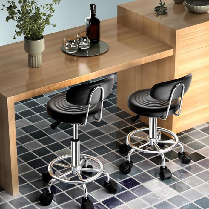 LVHCMFOHM Lot de 2 Tabourets de Bureau avec Dossier - Tabouret à roulettes en PU - Hauteur Réglable - Rotation à 360° - Noir