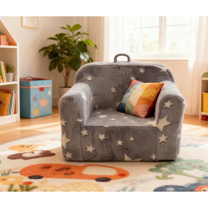 Fauteuil Enfant avec Accoudoirs et Poignée de Transport - TCQPZ - Housse Déhoussable en Tissu et Mousse Gris Étoiles 64 × 49 × 49 cm