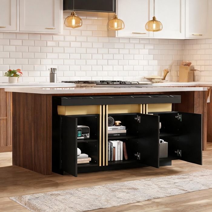 Buffet bas 140x38x70 cm effet marbre noir et doré 3 portes étagères réglables