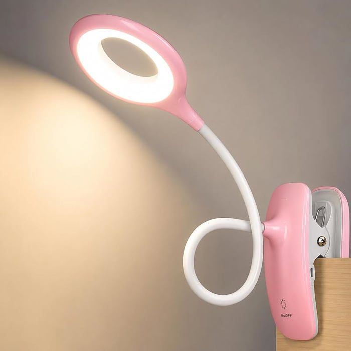 Lampe de Lecture LED à Pince pour Lampe de Bureau Rechargeable USB avec Col Flexible 360° 3 Modes Rose