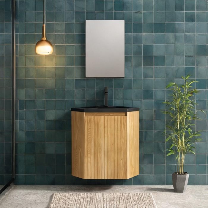 Meuble dangle suspendu 54 5 cm avec vasque résine noire mate et porte bois naturel