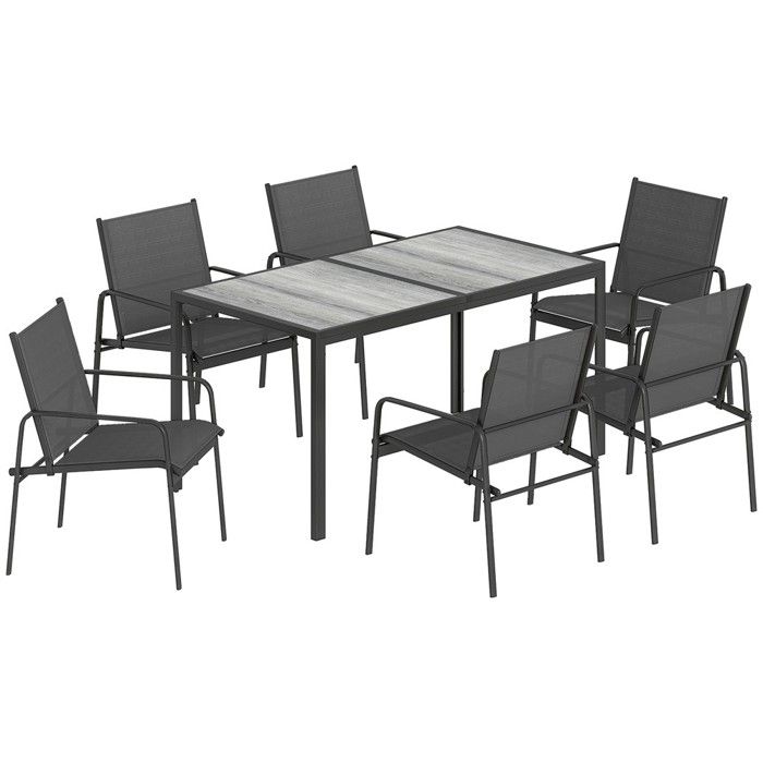 Ensemble repas jardin table 150x80cm imitation bois cadre acier avec 6 chaises respirantes noir Outsunny Ensemble repas jardin table 150x80cm imitation bois cadre acier avec 6 chaises respirantes noir Outsunny