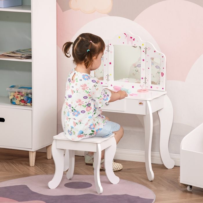 Coiffeuse enfant - miroir triple - 1 tiroir - tabouret assorti - blanc
