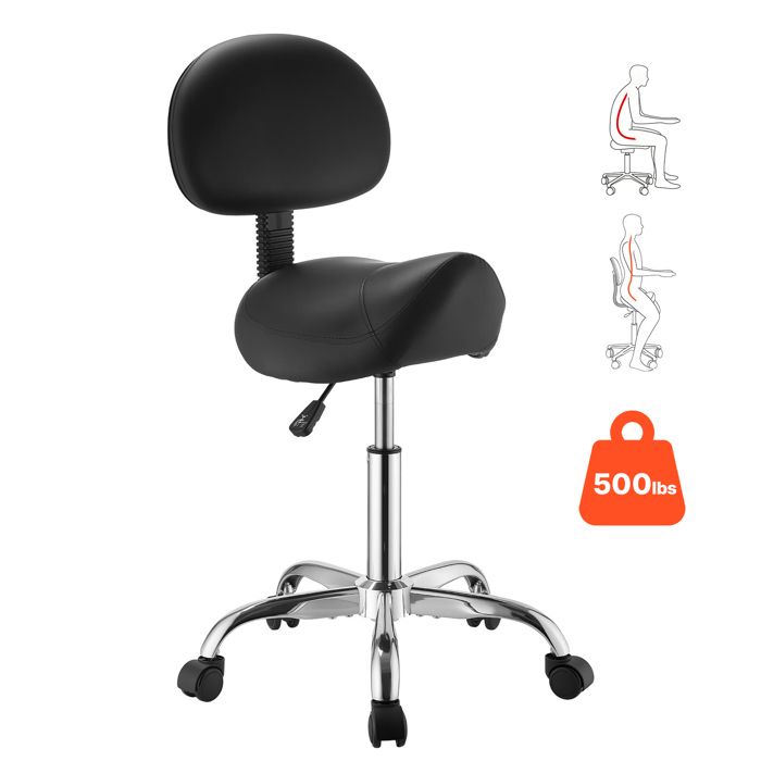 Tabouret Selle de Cheval avec Dossier-VEVOR-Charge 226 8 kg Tabouret de Travail à Roulettes Pivotant à 360° Hauteur Réglable