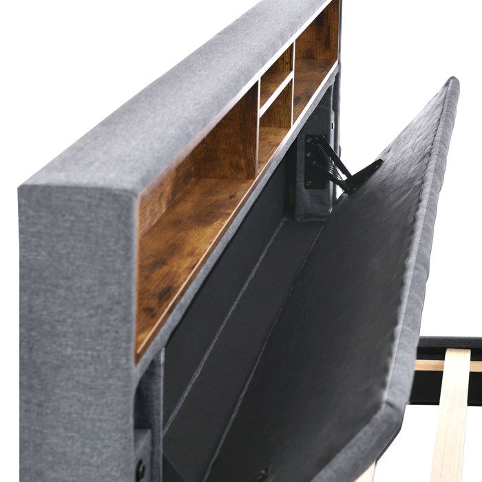 Lit double avec rangement tête de lit LED 140x200 cm gris sans matelas