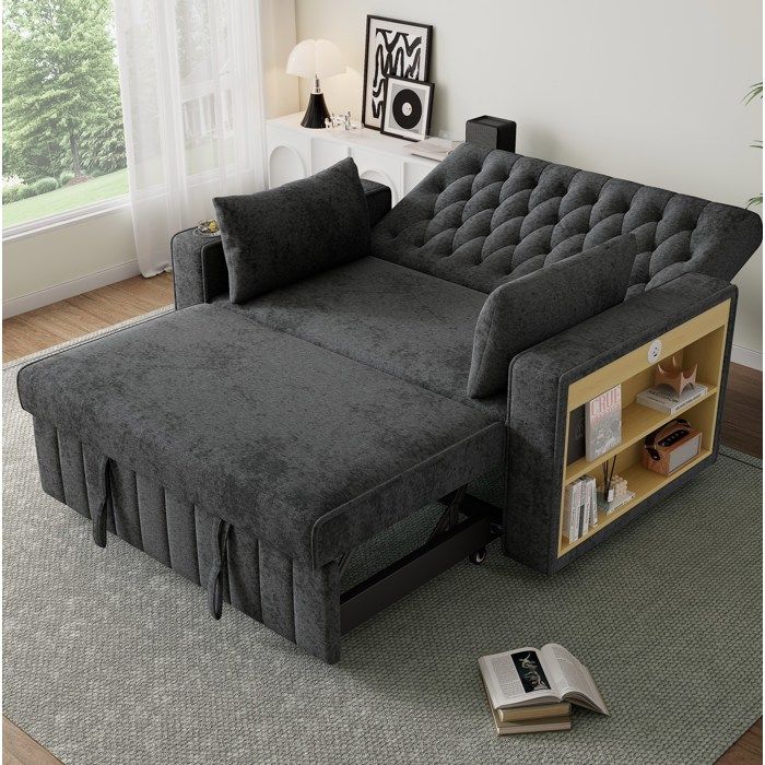Canapé convertible 2 places canapé-lit gris en chenille avec dossier réglable 3 positions USB rangement ORVRYN