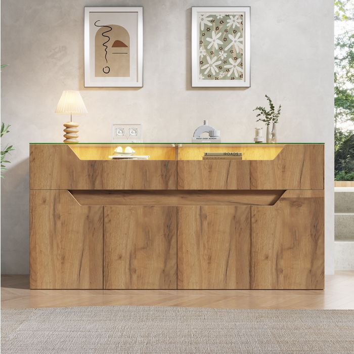 Buffet bas bahut 140 x 40 x 70 cm avec 2 tiroirs 4 portes plateau en verre trempé MDF aspect bois LED ORVRYN