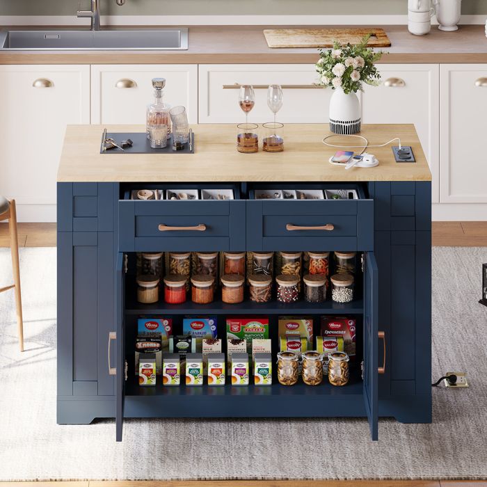 Îlot de Cuisine Mobile 120cm avec Table Pliante Prises Électriques USB Desserte sur Roulettes et Portes en Verre