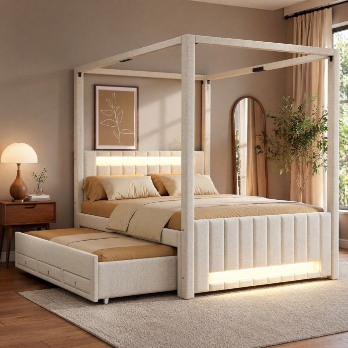 Lit à baldaquin double 140×200 cm gigogne 3 tiroirs et LED - BEAUNIV - sans matelas lin et MDF - beige