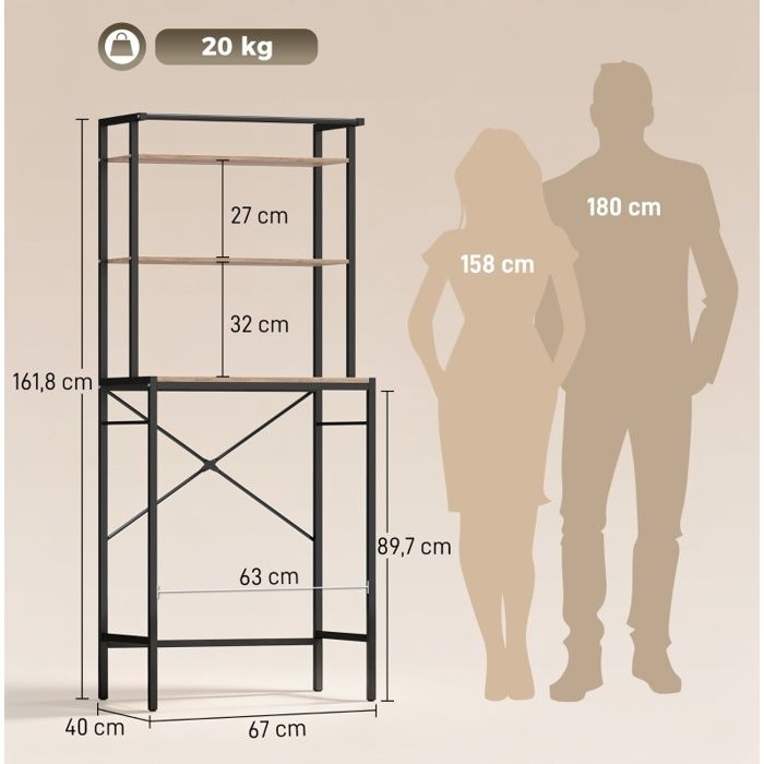 Meuble dessus machine à laver 67 x 40 x 161 8 cm étagère salle de bain 3 niveaux avec barre métal marron ORVRYN