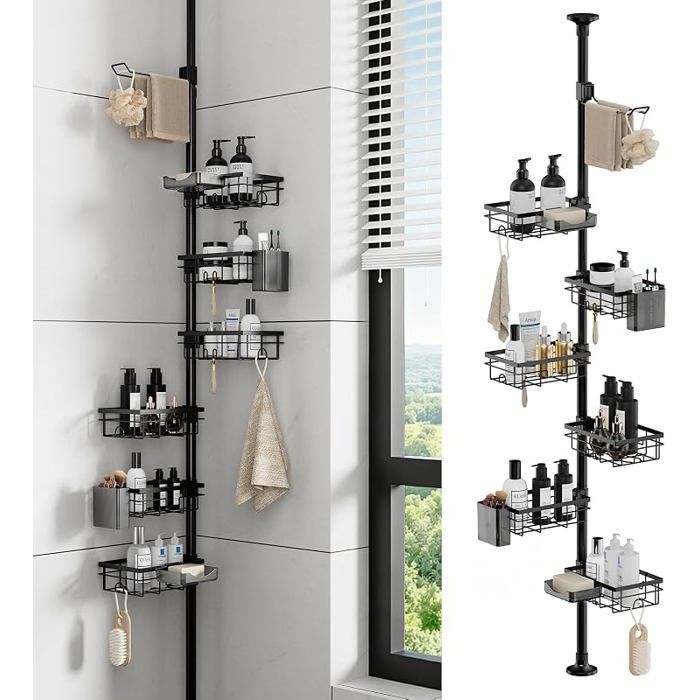 Barre télescopique noire 78-308cm sans perçage rangement accessoires douche