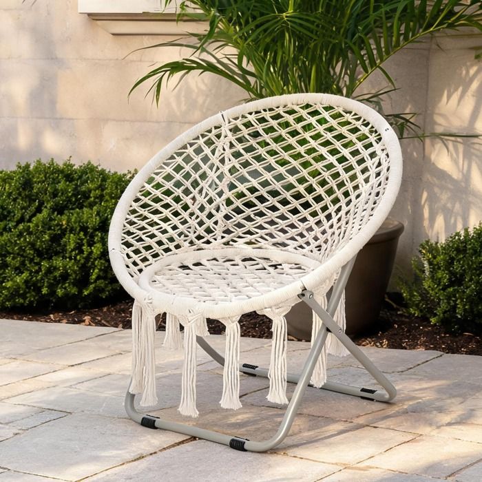 Fauteuil papasan pliable en macramé beige chaud assise ronde 77 x 64 cm extérieur et intérieur