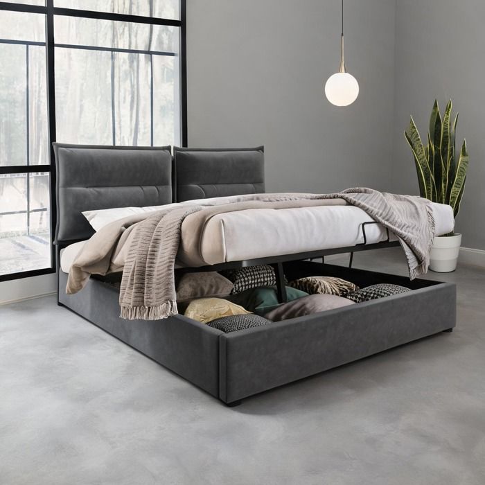 Lit double hydraulique 140x200 cm en velours gris avec tête de lit ajustable et grand coffre de rangement