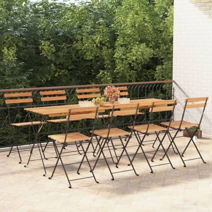 Chaises de bistrot pliantes (lot de 8) Bois teck solide et acier - Meuble dExtérieur LL1836