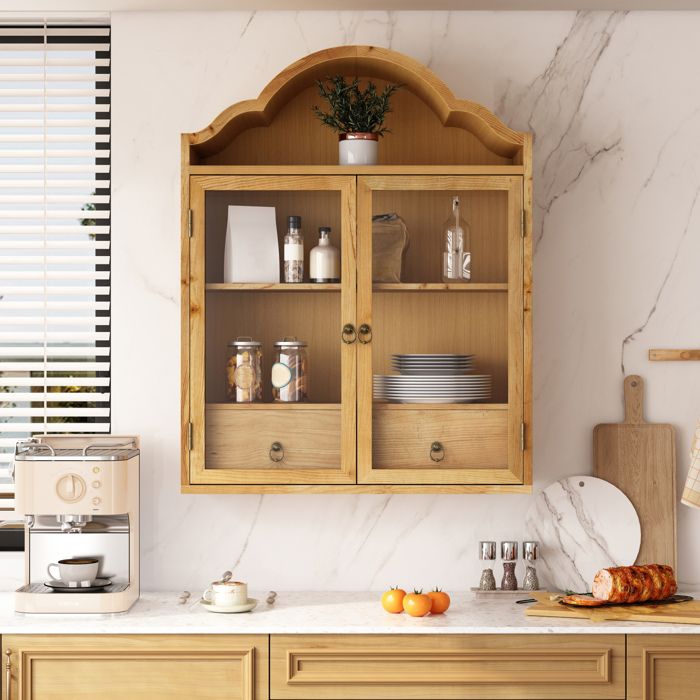 Armoire murale rétro 2 portes 2 tiroirs à suspendre avec étagères réglables - LPOSPI - bois verre naturel