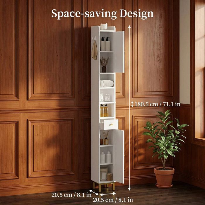 Armoire colonne étroite salle de bain : 2 portes 1 tiroir étagères réglables. 20x20x180 cm. Blanc.