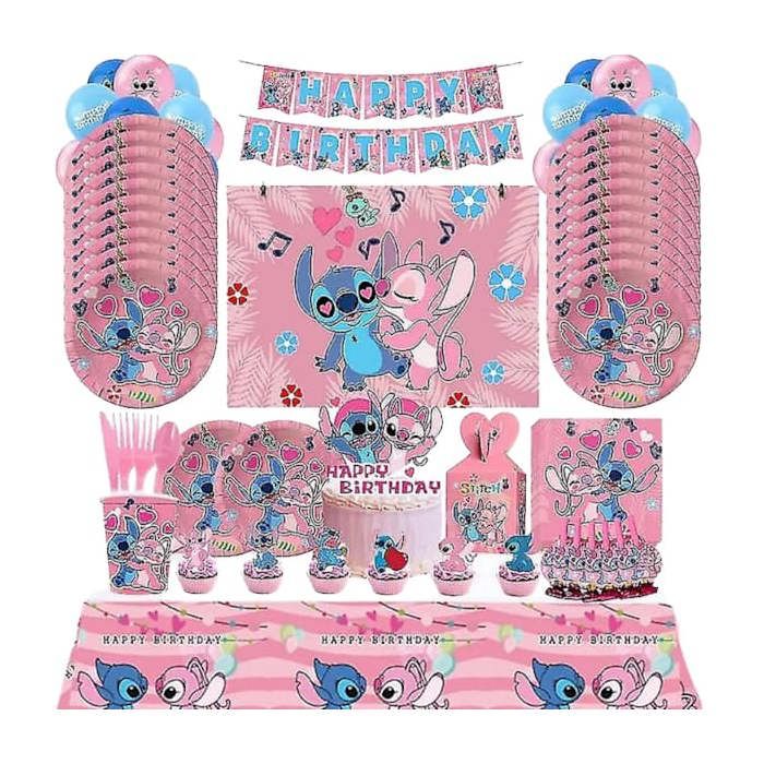Déco rose Stitch pour fête danniversaire : vaisselle ballons assiettes et gobelets