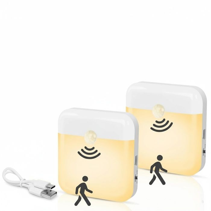 - Veilleuse avec détecteur de mouvement - Lot de 2 - Rechargeable par USB-C - Blanche - Allumage automatique - Lampe magnétique pou