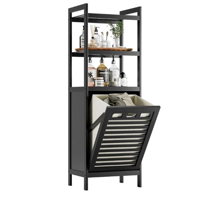 Meuble Salle de Bain avec Panier à Linge Armoire Bas Salle Bain en Bambou 3 étagères Ouvertes 32L Sac Intérieur Amovible Noir