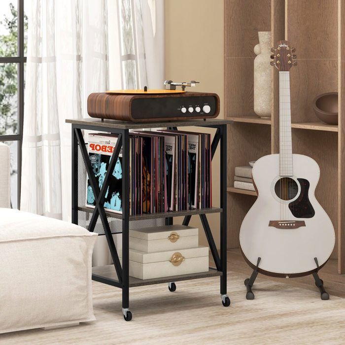 250 vinyles meuble rangement avec station de charge table dappoint pour platine vinyle et salon